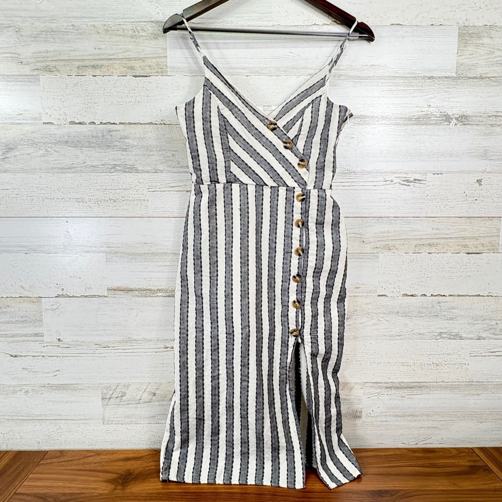 Harper Heritage Midi Dress Womens‎ Small White Navy Blue Striped Cotton Coastal